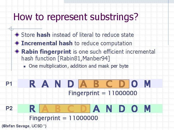 How to represent substrings? Store hash instead of literal to reduce state Incremental hash