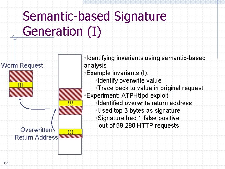 Semantic-based Signature Generation (I) Worm Request !!! Overwritten Return Address 64 !!! • Identifying