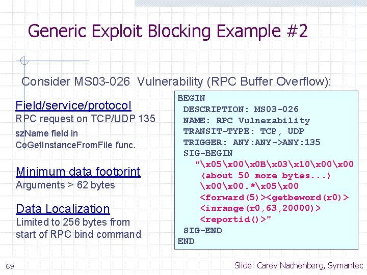 Generic Exploit Blocking Example #2 Consider MS 03 -026 Vulnerability (RPC Buffer Overflow): Field/service/protocol