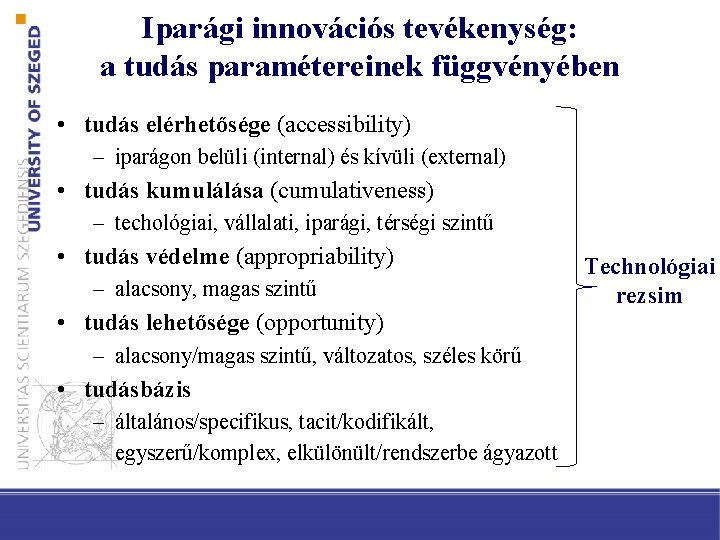 Iparági innovációs tevékenység: a tudás paramétereinek függvényében • tudás elérhetősége (accessibility) – iparágon belüli