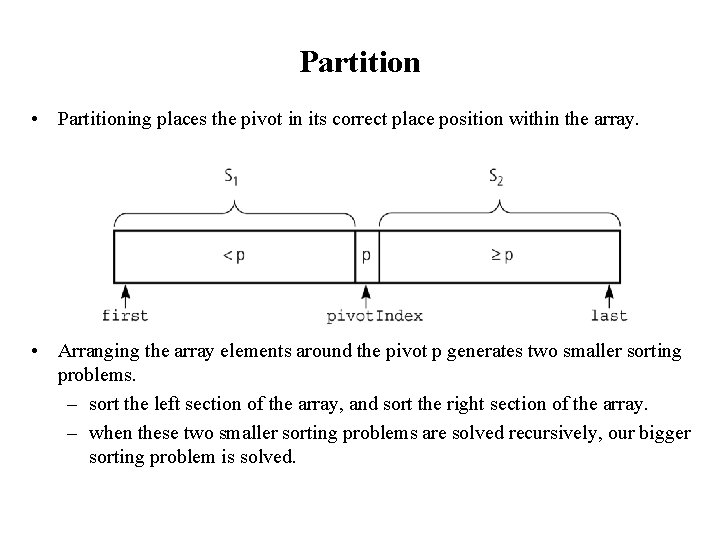 Partition • Partitioning places the pivot in its correct place position within the array.