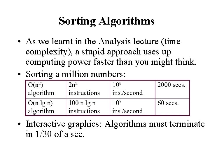 Sorting Algorithms • As we learnt in the Analysis lecture (time complexity), a stupid