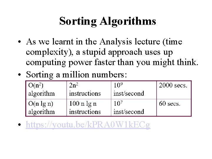 Sorting Algorithms • As we learnt in the Analysis lecture (time complexity), a stupid