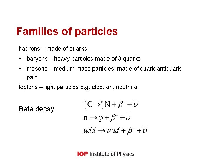 Families of particles hadrons – made of quarks • baryons – heavy particles made