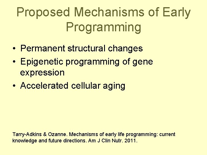 Proposed Mechanisms of Early Programming • Permanent structural changes • Epigenetic programming of gene