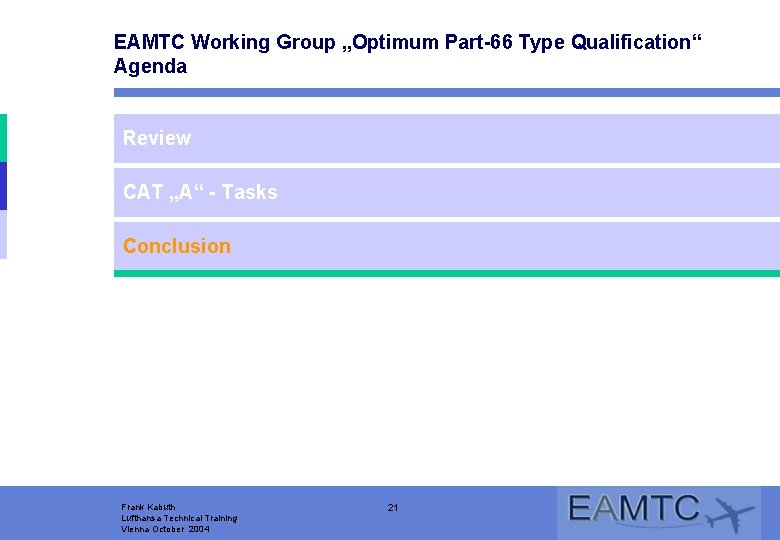 EAMTC Working Group „Optimum Part-66 Type Qualification“ Agenda Review CAT „A“ - Tasks Conclusion