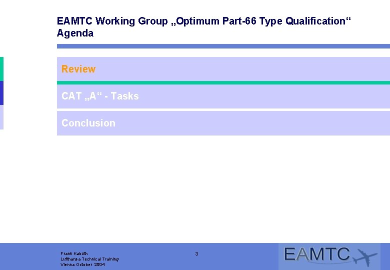 EAMTC Working Group „Optimum Part-66 Type Qualification“ Agenda Review CAT „A“ - Tasks Conclusion