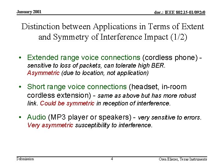 January 2001 doc. : IEEE 802. 15 -01/092 r 0 Distinction between Applications in