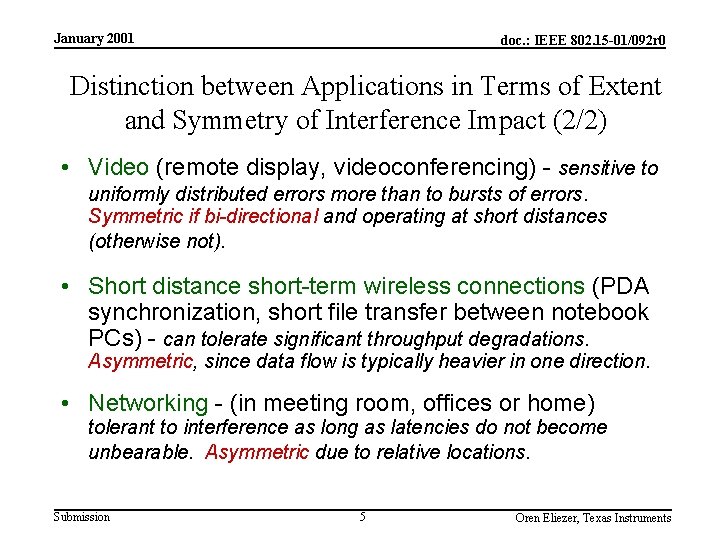 January 2001 doc. : IEEE 802. 15 -01/092 r 0 Distinction between Applications in