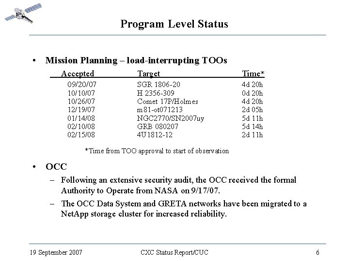 Program Level Status • Mission Planning – load-interrupting TOOs Accepted 09/20/07 10/10/07 10/26/07 12/19/07