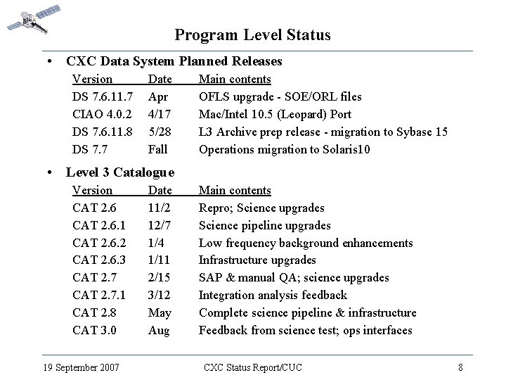 Program Level Status • CXC Data System Planned Releases Version DS 7. 6. 11.