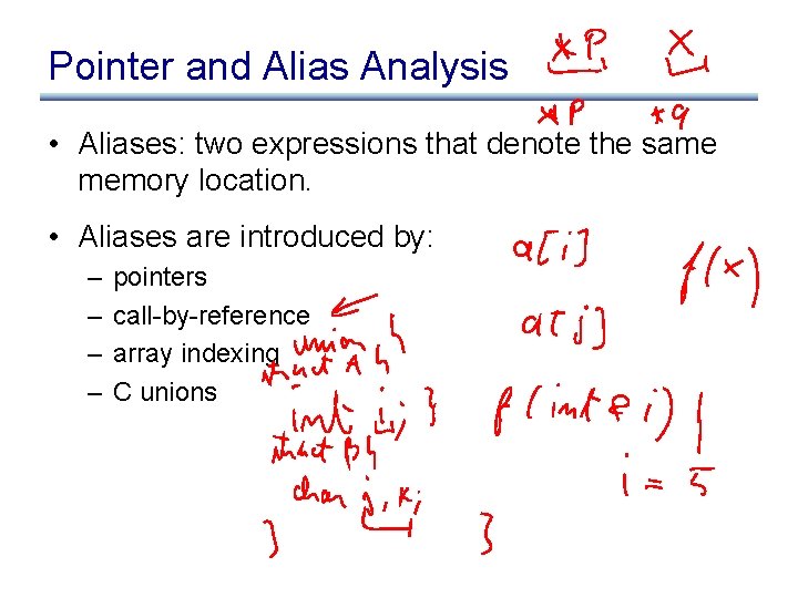 Pointer and Alias Analysis • Aliases: two expressions that denote the same memory location.