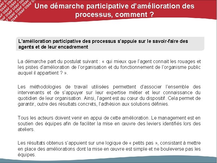 Une démarche participative d’amélioration des processus, comment ? L’amélioration participative des processus s’appuie sur Une démarche participative d’amélioration des processus, comment ? L’amélioration participative des processus s’appuie sur