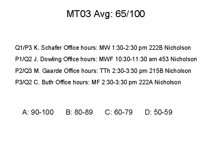 MT 03 Avg: 65/100 Q 1/P 3 K. Schafer Office hours: MW 1: 30