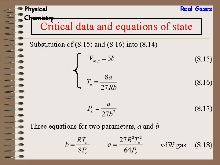 Physical Chemistry Real Gases Critical data and equations of state Substitution of (8. 15)