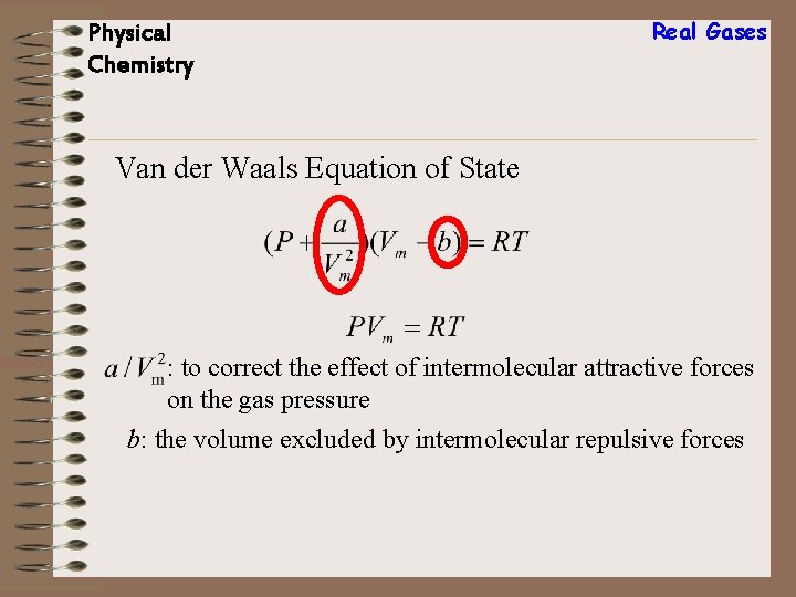 Physical Chemistry Real Gases Van der Waals Equation of State : to correct the