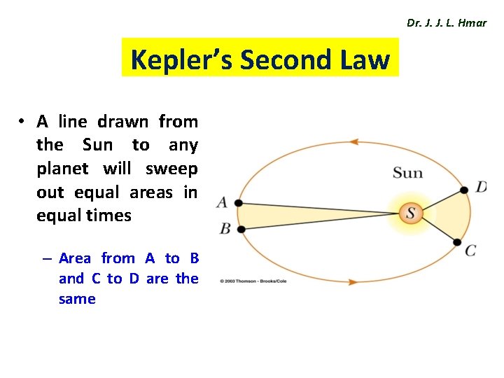 Dr. J. J. L. Hmar Kepler’s Second Law • A line drawn from the