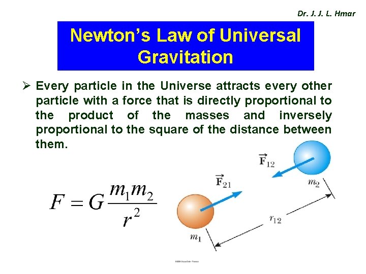 Dr. J. J. L. Hmar Newton’s Law of Universal Gravitation Ø Every particle in