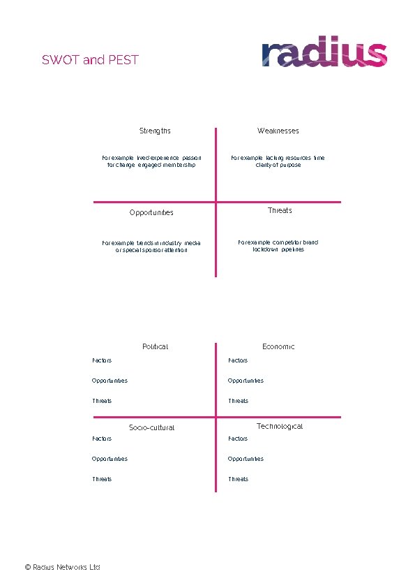 SWOT and PEST Strengths Weaknesses For example: lived experience, passion for change, engaged membership