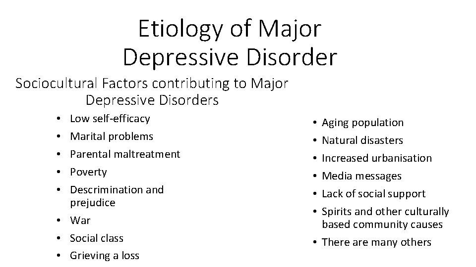 Etiology of Major Depressive Disorder Sociocultural Factors contributing to Major Depressive Disorders Low self-efficacy