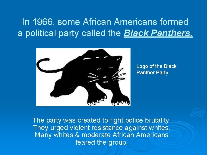 In 1966, some African Americans formed a political party called the Black Panthers. Logo