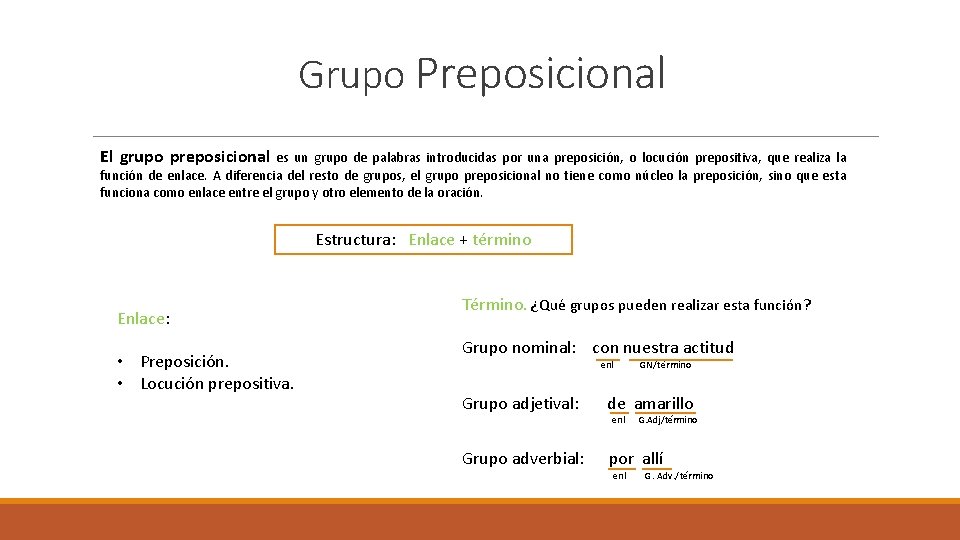 Grupo Preposicional El grupo preposicional es un grupo de palabras introducidas por una preposición,