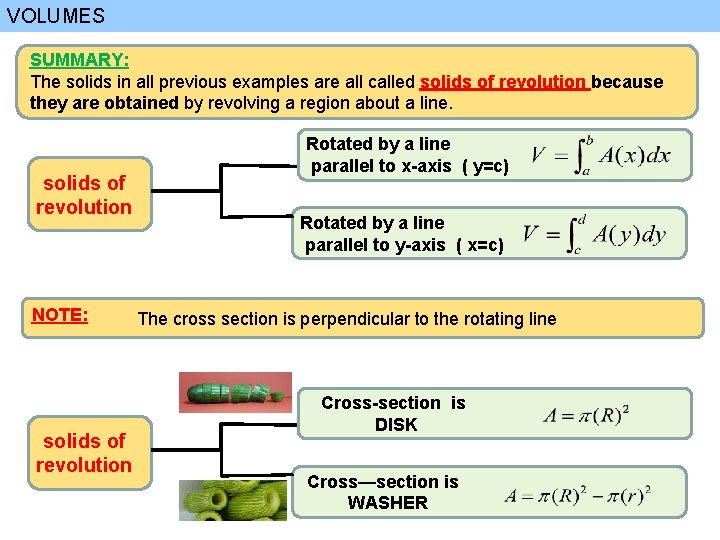 VOLUMES SUMMARY: The solids in all previous examples are all called solids of revolution