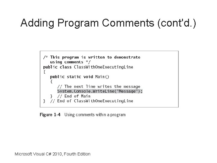 Adding Program Comments (cont'd. ) Microsoft Visual C# 2010, Fourth Edition 