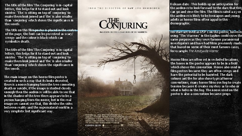 The title of the film ‘The Conjuring’ is in capital letters, this helps for