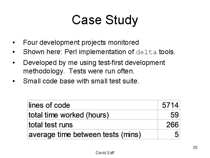 Case Study • • Four development projects monitored Shown here: Perl implementation of delta