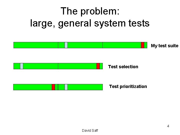 The problem: large, general system tests My test suite Test selection Test prioritization 4