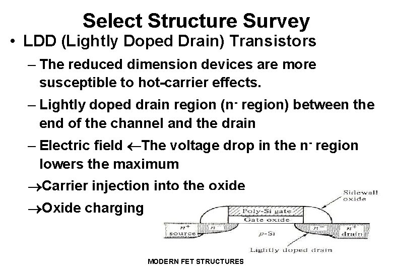 Select Structure Survey • LDD (Lightly Doped Drain) Transistors – The reduced dimension devices