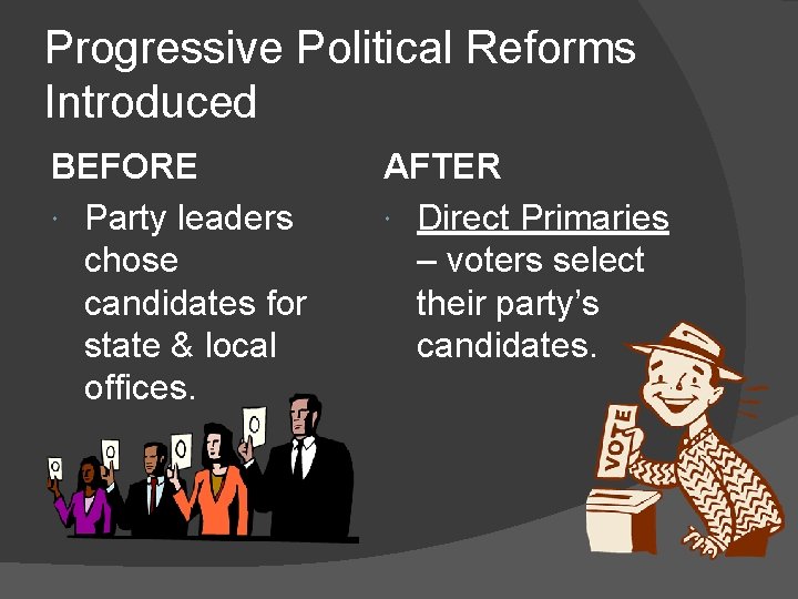Progressive Political Reforms Introduced BEFORE Party leaders chose candidates for state & local offices.