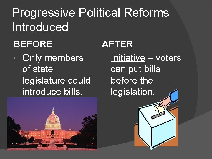 Progressive Political Reforms Introduced BEFORE Only members of state legislature could introduce bills. AFTER