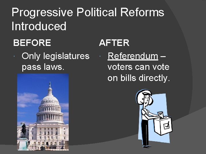 Progressive Political Reforms Introduced BEFORE Only legislatures pass laws. AFTER Referendum – voters can