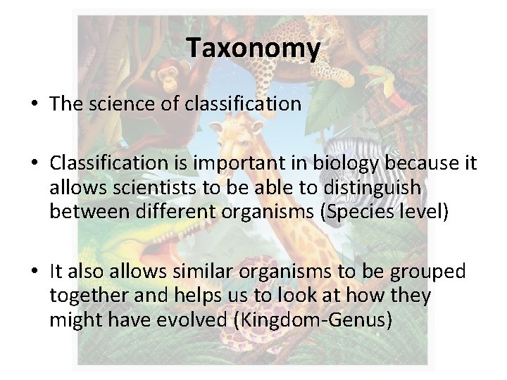 Taxonomy • The science of classification • Classification is important in biology because it