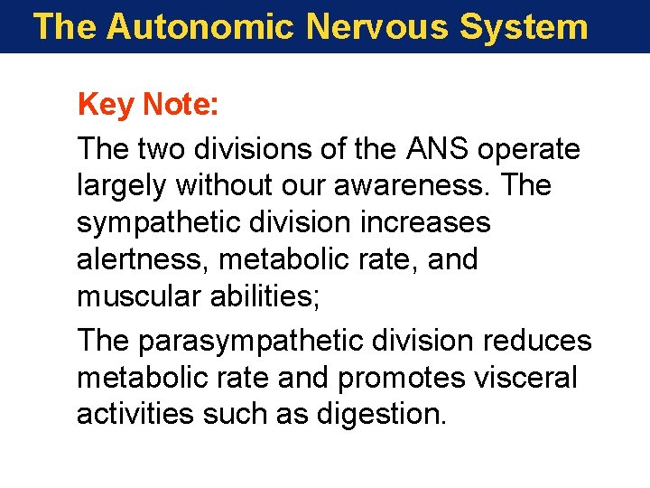 The Autonomic Nervous System Key Note: The two divisions of the ANS operate largely The Autonomic Nervous System Key Note: The two divisions of the ANS operate largely