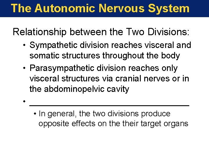 The Autonomic Nervous System Relationship between the Two Divisions: • Sympathetic division reaches visceral The Autonomic Nervous System Relationship between the Two Divisions: • Sympathetic division reaches visceral