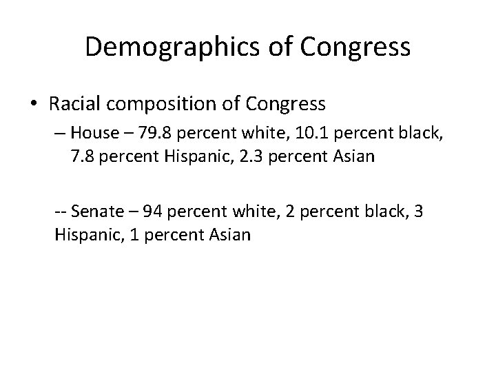 Demographics of Congress • Racial composition of Congress – House – 79. 8 percent