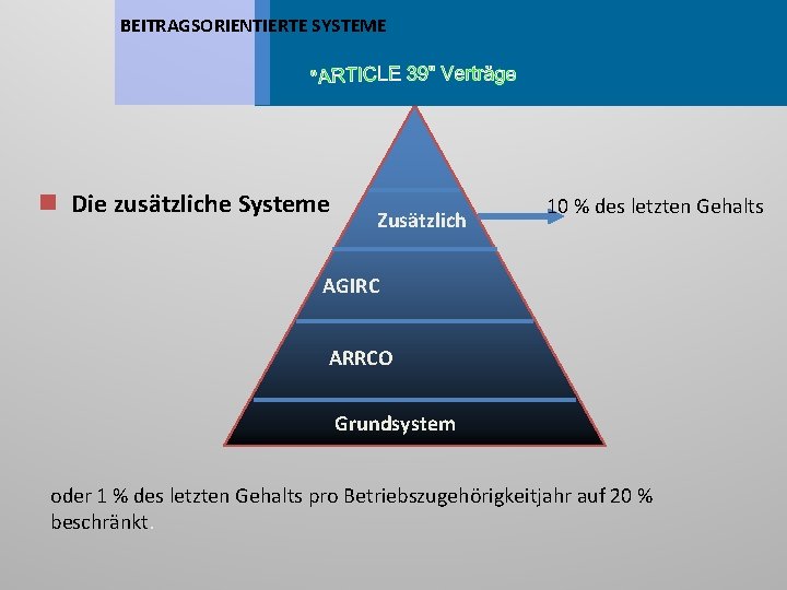 BEITRAGSORIENTIERTE SYSTEME n Die zusätzliche Systeme Zusätzlich 10 % des letzten Gehalts AGIRC ARRCO