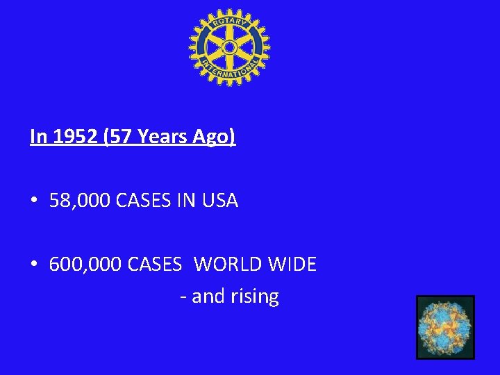 In 1952 (57 Years Ago) • 58, 000 CASES IN USA • 600, 000