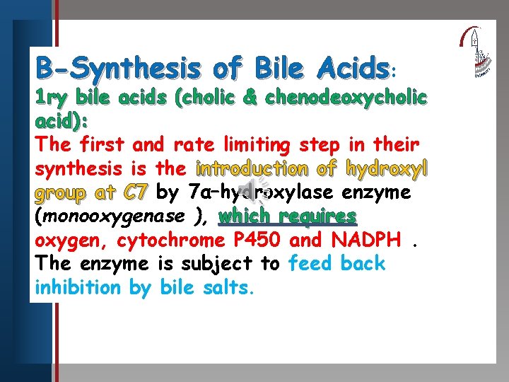 Click to edit Master title style B-Synthesis of Bile Acids: 1 ry bile acids