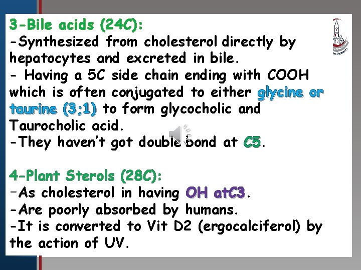 3 -Bile acids (24 C): Click to editfrom Master title styledirectly by -Synthesized cholesterol