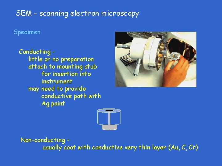 SEM - scanning electron microscopy Specimen Conducting little or no preparation attach to mounting SEM - scanning electron microscopy Specimen Conducting little or no preparation attach to mounting