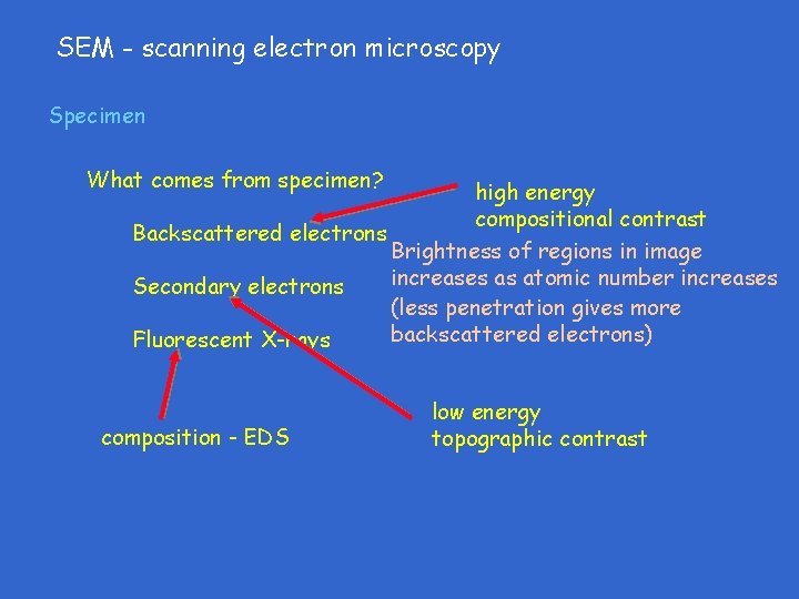 SEM - scanning electron microscopy Specimen What comes from specimen? high energy compositional contrast SEM - scanning electron microscopy Specimen What comes from specimen? high energy compositional contrast