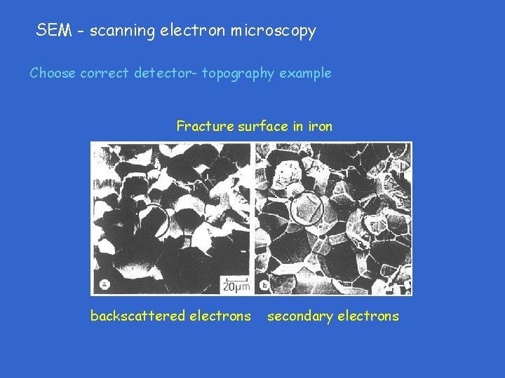 SEM - scanning electron microscopy Choose correct detector- topography example Fracture surface in iron SEM - scanning electron microscopy Choose correct detector- topography example Fracture surface in iron