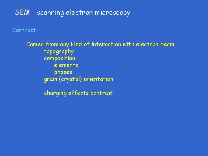 SEM - scanning electron microscopy Contrast Comes from any kind of interaction with electron SEM - scanning electron microscopy Contrast Comes from any kind of interaction with electron