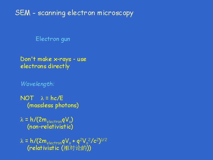 SEM - scanning electron microscopy Electron gun Don't make x-rays - use electrons directly SEM - scanning electron microscopy Electron gun Don't make x-rays - use electrons directly