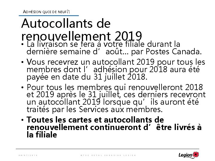 ADHÉSION QUOI DE NEUF? : Autocollants de renouvellement 2019 • La livraison se fera