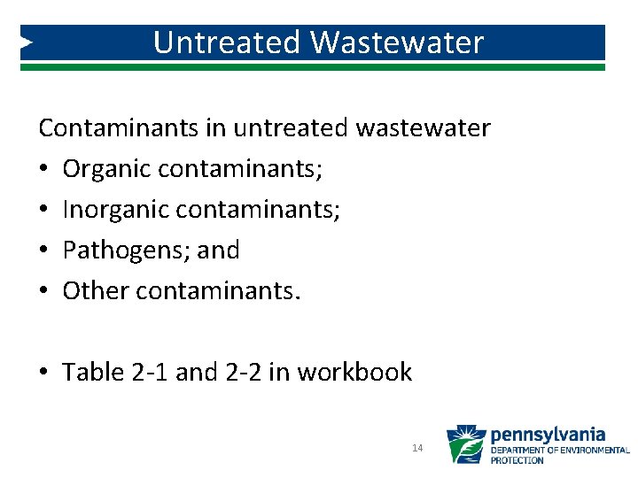 Untreated Wastewater Contaminants in untreated wastewater • Organic contaminants; • Inorganic contaminants; • Pathogens;